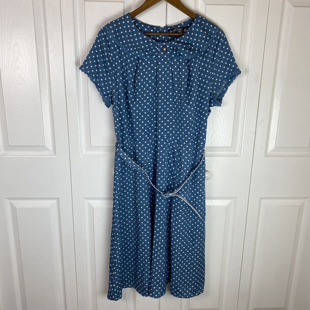 Hell Bunny 3XL Vixen Dress Retro Midi blue Polka Dot Belted Collared Cottagecore